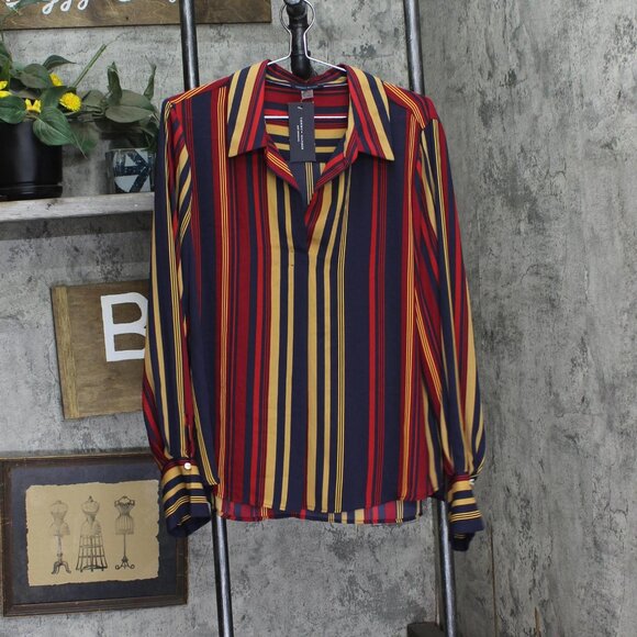 NWT Tommy Hilfiger Printed Collared Long-Sleeve Top Midnight Blue Multi XL - Picture 3 of 7